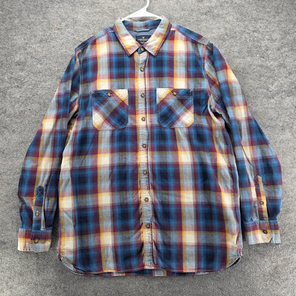 American Eagle Outfitters Shirt Mens XLT Tall Blue Plaid Flannel Button Front